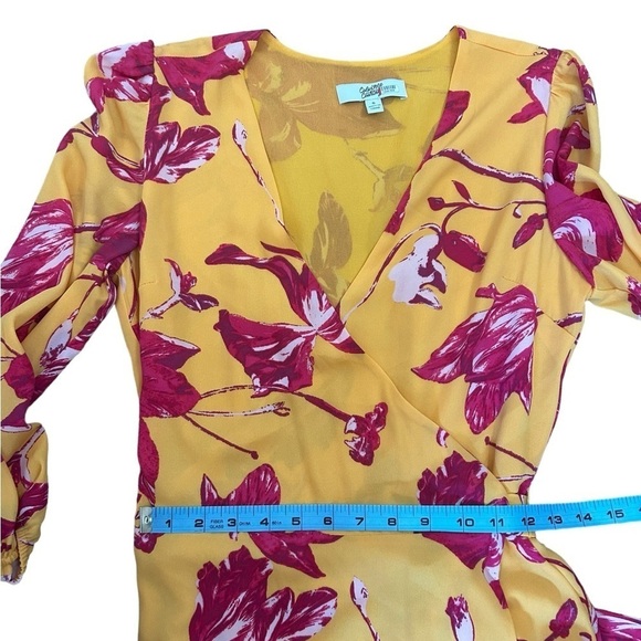 Color Me Courtney Eleanor Yellow Wrap With Pink Flowers Floral Dress Size Small - Picture 13 of 15